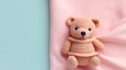 Obraz premium A small knitted amigurumi bear toy on a pink blanket, on a blue background. Flat lay, top view, copy space. space for text