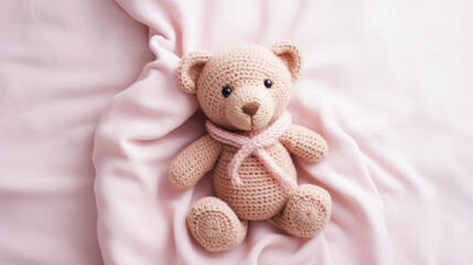 Small knitted amigurumi bear toy on a pink blanket, on a white background. Flat lay, top view, copy space. space for text