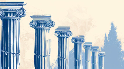 Greek American Heritage Month. Blue and white background with greek columns illustration. Simple. minimalist. Copy space 