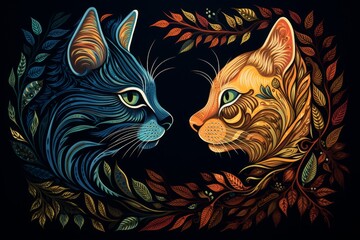 Abstract colorful silhouettes of cats facing each other on a black background in Folk Art style