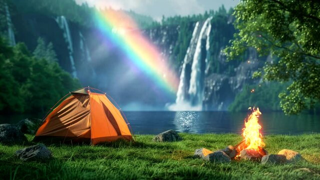 Camping Near Lake And Waterfall Background, Green Grass Beautiful Nature Landscape View With Rainbow,  Video Looping Background For Live Wallpaper 4k 