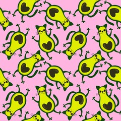 Avocato seamless cat and avocado pattern for wrapping paper and fabrics and kids summer print and party packaging