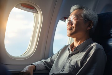 elderly asian gray-haired man with glasses looking out the airplane window
