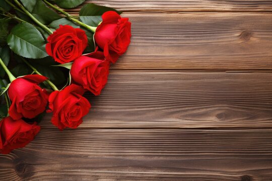 Red roses on wooden background top view. Postcard Saint Valentine's Day. Beautiful roses on light background with copy space. Delicate postcard. Mother's day, Women's Day, Wedding, love concept