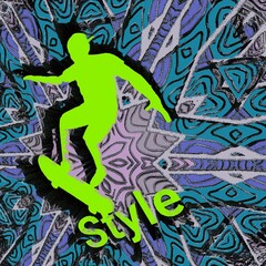 Abstract skateboarding, Grunge art, graffiti art, cover design, pop art, hip-hop lifestyle.