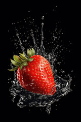 Single strawberry surrounded by splash of water droplets with black background