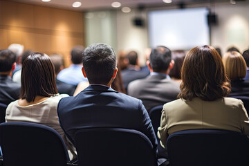 Fototapeta premium Rear view of meeting of group of business people wearing suits are sitting in chairs facing projection screen. Chairs are arranged in rows and seminar room has wooden paneling