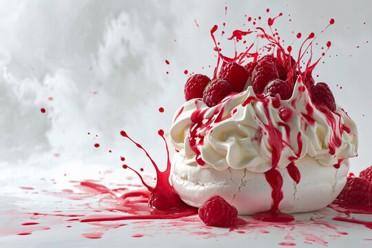 Dramatic splash with raspberry sauce on pavlova dessert Generative AI image