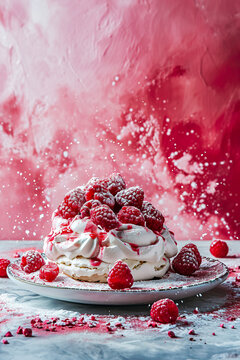 Raspberry Pavlova Explosion in Vivid Pink Hues Generative AI image