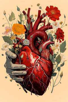 Generative AI illustration of artistic depiction of a human heart cradled in a hand, surrounded by an array of colorful flowers, against a warm-toned background