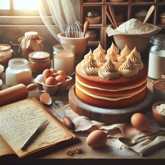A delightful homemade cake sits gracefully on a wooden table, surrounded by its ingredients and baking utensils, emanating an inviting aroma - obrazy, fototapety, plakaty