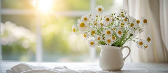 Charming chamomile flowers in a vase on a white table.