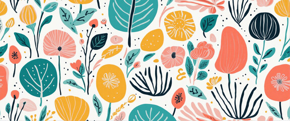 Abstract modern art seamless pattern set with colorful freehand doodles. Organic flat cartoon background collection, simple summer shapes in bright childish colors. 