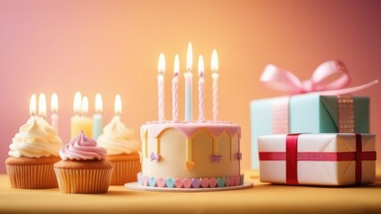 Birthday concept.Festive multi-colored cakes with candles and gift boxes in a cozy atmosphere on a wooden table.