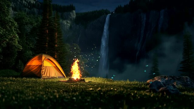 camping at night with bonfire and waterfall background.  outdoor activity video looping background animation for life wallpaper 