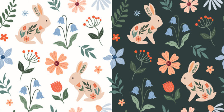 Spring seamless pattern with Easter bunny, plants and flowers
