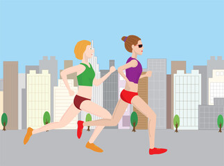 マラソン大会で市街を走る女性ランナー