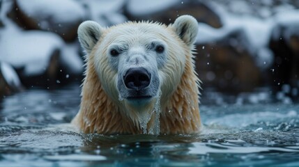 Fototapeta premium Intrepid Polar Bear Emerging from Chilly Waters Amidst Snow