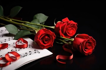 Red roses, petals and treble clef on the stave on a black background. San Valentin postcard. Copy space. A red rose bud rests on sheet music. Mother's day, Women's Day, Wedding, love concept