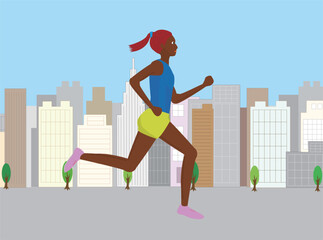 マラソン大会で市街を走る女性ランナー