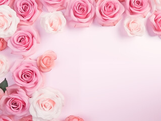 Copy space background with pink roses and peonies flowers. Top view
