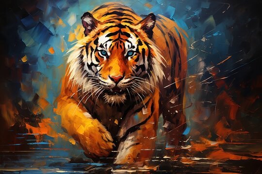 bright multicolored illustration tiger digital oil painting style
