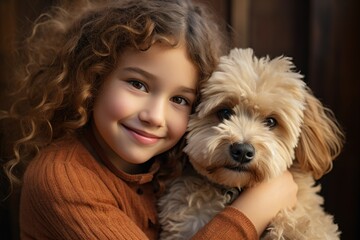 cheerful little girl with curly hair smiling and hugging her pet dog