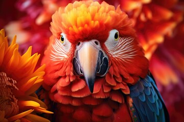 Parrot on the flower. Beautiful extreme close-up