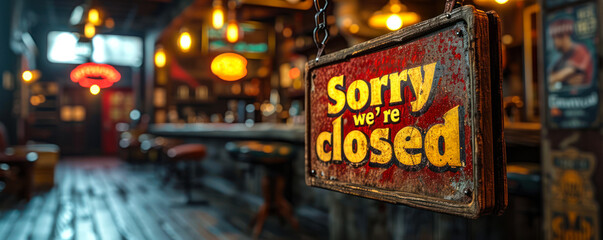 Rustic 'Sorry we're closed' sign hanging on a blurry background of a dimly lit bar with warm...