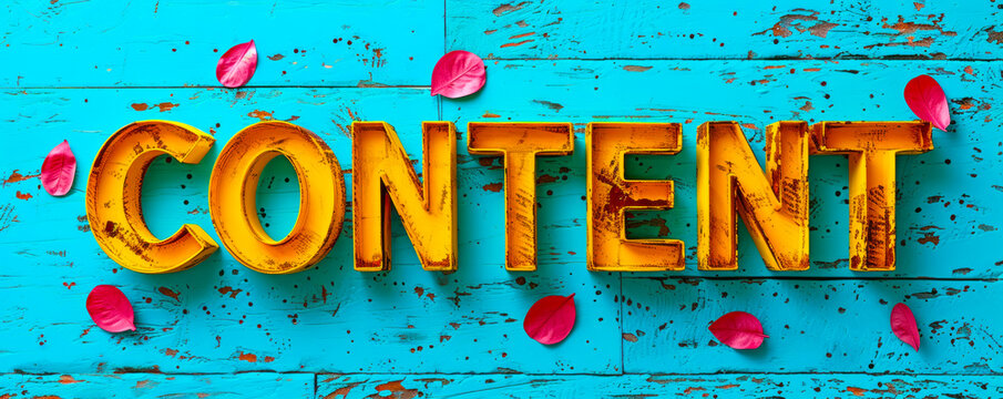 Bold Yellow 'CONTENT' Text on a Vibrant Teal Background Highlighting Digital Content Creation, Marketing Strategies, and Online Presence