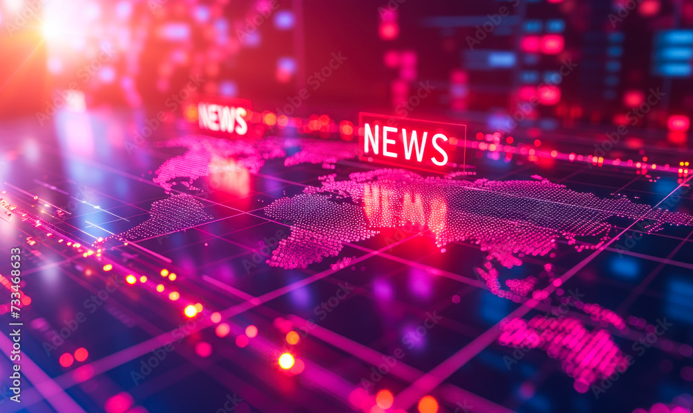 Poster global digital news concept with bold news lettering overlaying a binary code matrix, world map, and