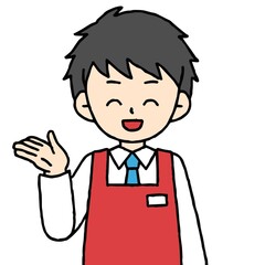 エプロンをつけた男性店員が案内している