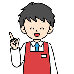 エプロンをつけた男性店員が説明している