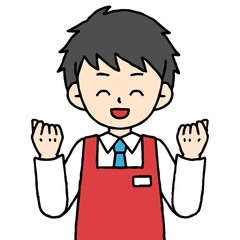 エプロンをつけた男性店員がガッツポーズしている