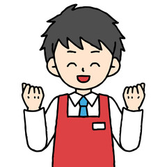 エプロンをつけた男性店員がガッツポーズしている