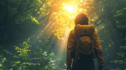 Enchanted Forest: Hiker Facing the Sunlight - obrazy, fototapety, plakaty