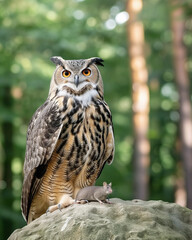 An eagle owl sits on a rock, besides a rat as prey. AI generated.