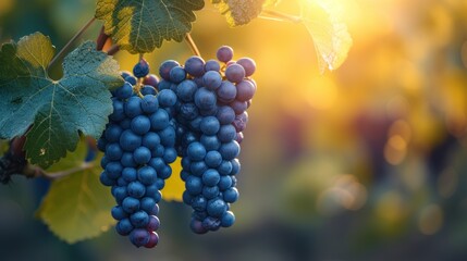 Sunset Vineyard: Ripe Grapes on the Vine - obrazy, fototapety, plakaty