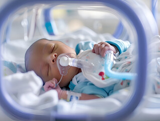 Newborn in neonatal intensive care unit with nasal CPAP mask