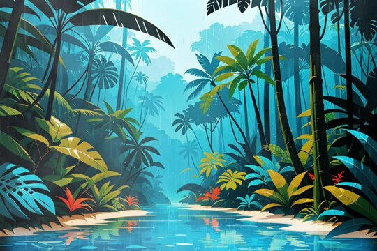 tropical rainforest island with palm trees