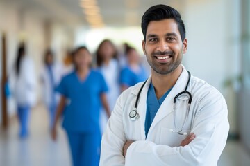 Portrait of smiling Indian male doctor in a hospital. Healthcare, medical staff 
