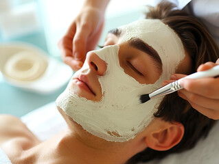 Young man receiving a refreshing facial mask at a beauty spa