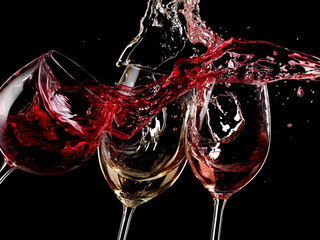 Red, white and rose wine glasses splash, close up on black background - 733469667