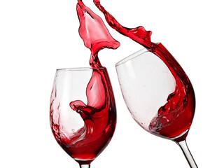 Two red wine glasses up and splash, close up on white background - 733469669