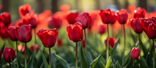 Fototapeta premium Red tulips in the park, with a spring backdrop.