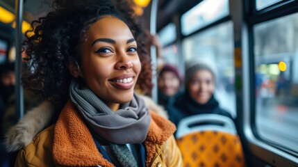 Commuter harmony: diverse group of passengers on a clean, energy-efficient city bus, community in motion