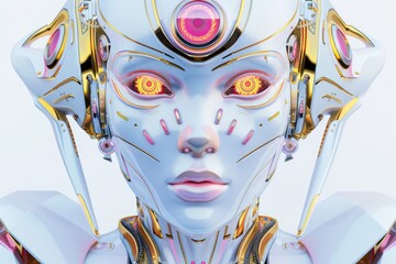 A playful cartoon robot with a human-like pink and gold face, reminiscent of anime art, exudes a unique blend of whimsy and elegance in this vibrant and imaginative illustration