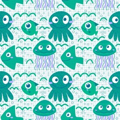 Fototapeta premium Ocean animals seamless jellyfish and crabs and starfish and fish and octopus pattern for wrapping paper