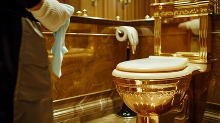 Fototapeta na wymiar A cleaner works diligently, polishing a gold toilet to extravagant luxury. Scenario of refinement and care of golden toilet bowl shines like a shining jewel in the bathroom.