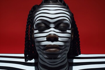 A captivating painting of a woman with bold black and white stripes adorning her face, reminiscent of a living statue in a gallery of abstract art